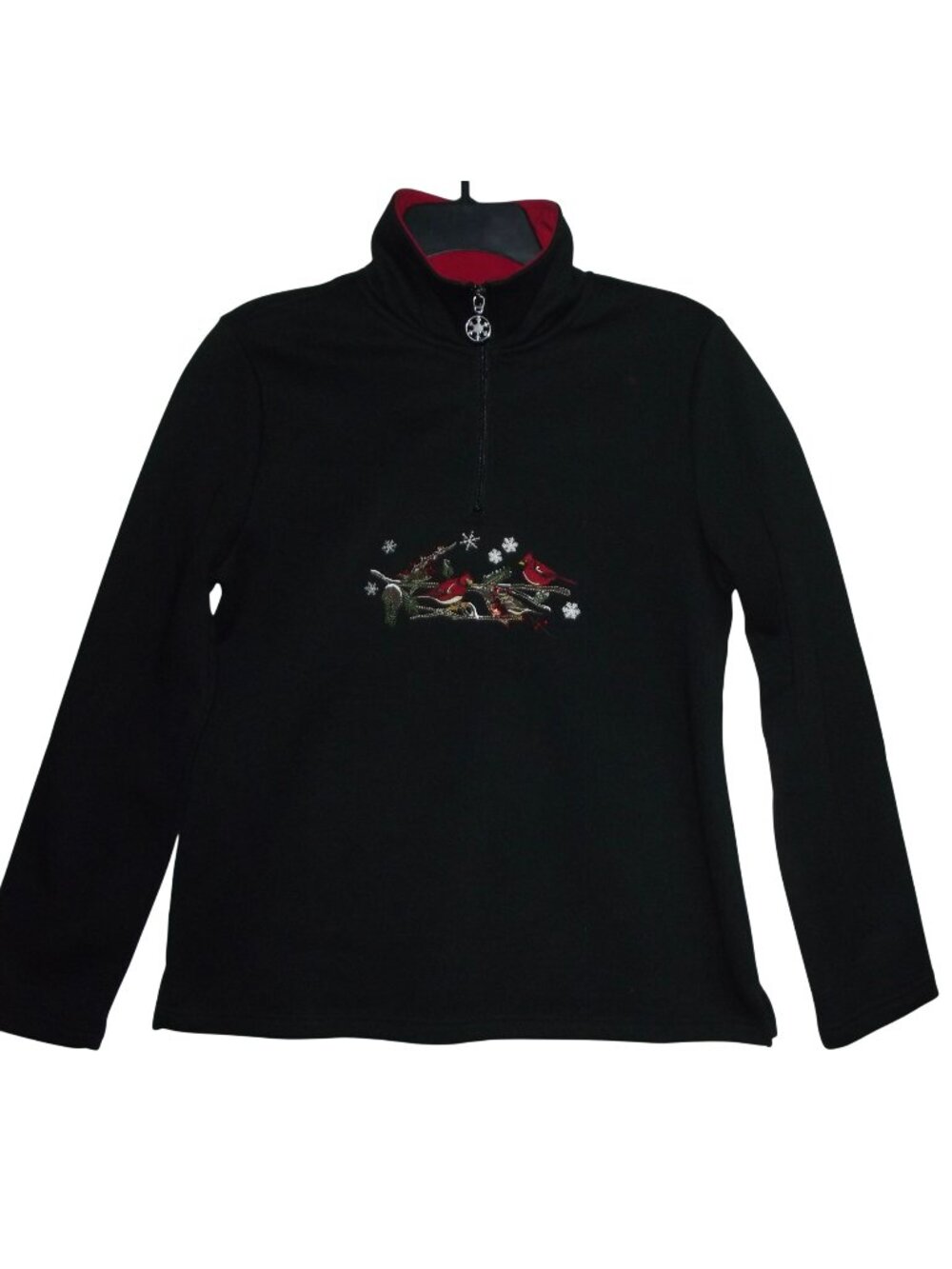 Breckenridge Sweatshirt Womens Medium Black pullover 1/4-zip Christmas Red Birds